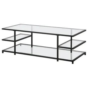 54" Black Glass And Steel Coffee Table With Three Shelves