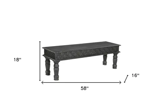 58" Black Floral Distressed Solid Wood Dining Bench