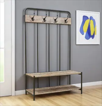 71" Black And Brown Metal And Solid Wood Four Hooks Freestanding Coat Rack