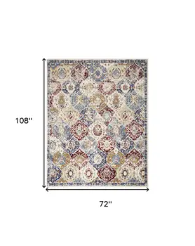 6' X 9' Navy Blue Damask Power Loom Distressed Area Rug