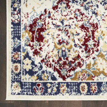 8' X 10' Navy Blue Damask Power Loom Distressed Area Rug