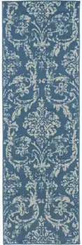 7' Blue Damask Power Loom Runner Rug