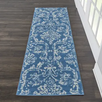7' Blue Damask Power Loom Runner Rug