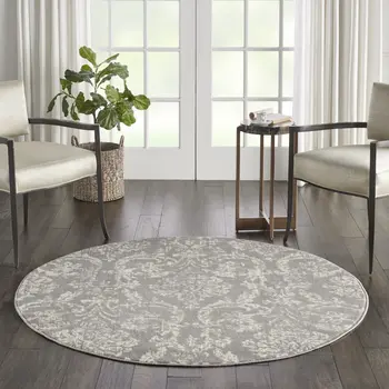 5' Gray Round Damask Power Loom Area Rug