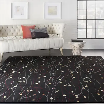 8' X 10' Black and Ivory Floral Power Loom Non Skid Area Rug