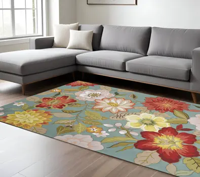 8' X 11' Green Floral Hand Hooked Area Rug