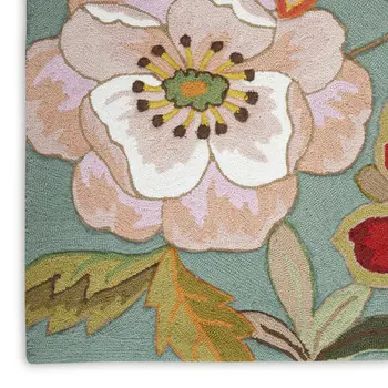 8' X 11' Green Floral Hand Hooked Area Rug