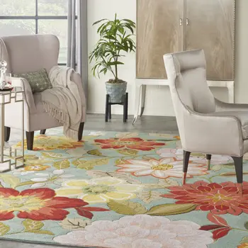 8' X 11' Green Floral Hand Hooked Area Rug