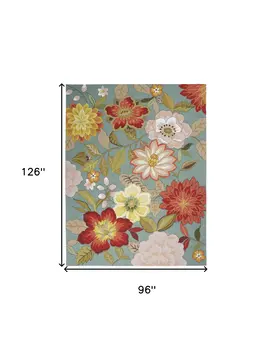 8' X 11' Green Floral Hand Hooked Area Rug