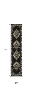 12' Black And Ivory Damask Runner Rug