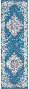 8' Blue Damask Power Loom Runner Rug