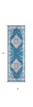 8' Blue Damask Power Loom Runner Rug