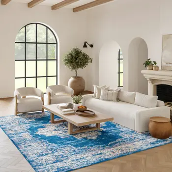 8' X 10' Blue Damask Power Loom Area Rug