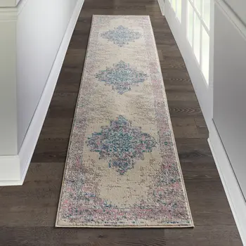 10' Pink And Ivory Medallion Runner Rug