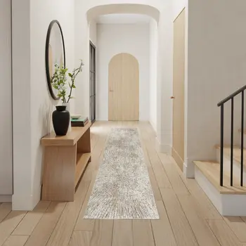 8' Gray And Ivory Abstract Runner Rug