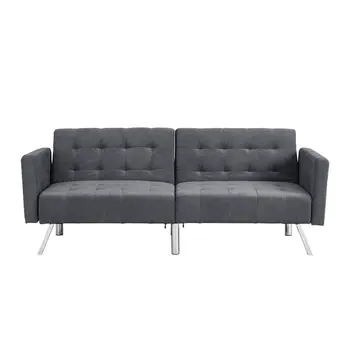 75" Dark Gray Linen Sleeper Sofa With Silver Legs