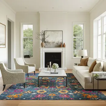 9' X 12' Blue Floral Power Loom Area Rug