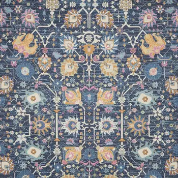 9' X 12' Blue And Gold Floral Area Rug