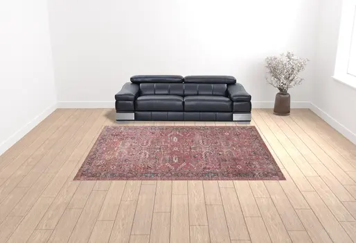 9' X 12' Red Floral Power Loom Distressed Area Rug