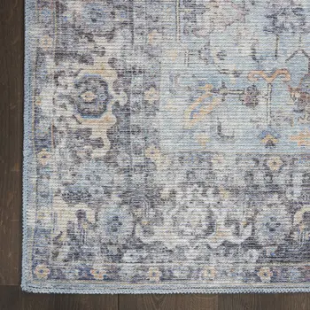 9' X 12' Blue and Gray Floral Medallion Power Loom Distressed Washable Area Rug