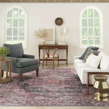 9' X 12' Red Floral Power Loom Distressed Washable Area Rug