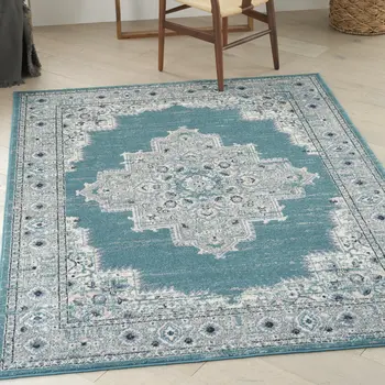 5' X 7' Aqua Floral Power Loom Distressed Area Rug