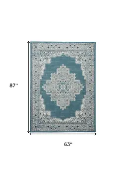 5' X 7' Aqua Floral Power Loom Distressed Area Rug