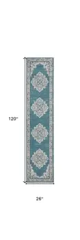 10' Gray And Aqua Oriental Distressed Runner Rug
