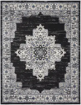 8' X 10' Black Floral Power Loom Distressed Area Rug