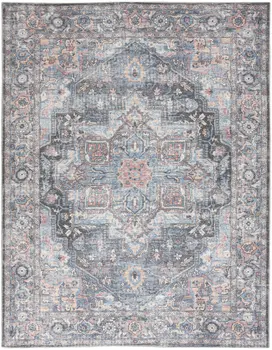 8' X 10' Blue Floral Power Loom Distressed Washable Area Rug