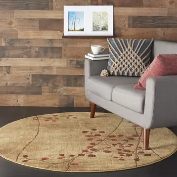 8' Brown Floral Power Loom Non Skid Round Rug