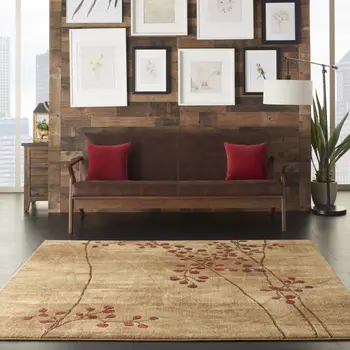 7' Brown and Red Square Floral Power Loom Area Rug