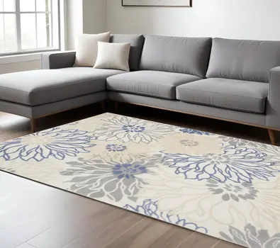 8' X 10' Ivory Gray And Blue Floral Area Rug
