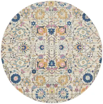 8' Cream Round Floral Power Loom Area Rug