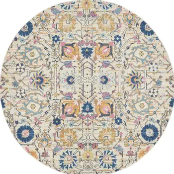8' Cream Round Floral Power Loom Area Rug