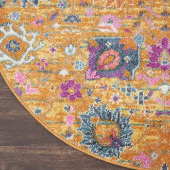 4' Gold Round Floral Power Loom Area Rug