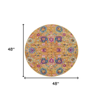 4' Gold Round Floral Power Loom Area Rug