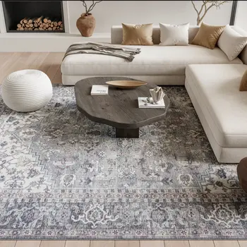8' X 10' Gray Floral Power Loom Distressed Area Rug