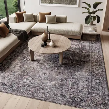 8' X 10' Gray Floral Power Loom Distressed Washable Area Rug