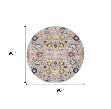 8' Gray Round Floral Power Loom Area Rug