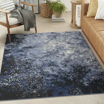 5' X 7' Blue And Black Abstract Area Rug