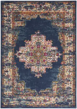 8' X 10' Navy Blue Floral Power Loom Distressed Area Rug