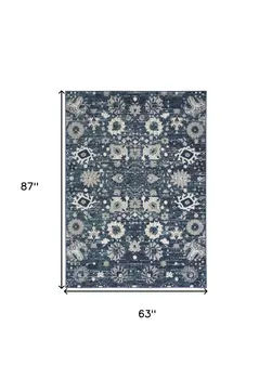 5' X 7' Navy Blue Floral Power Loom Distressed Area Rug