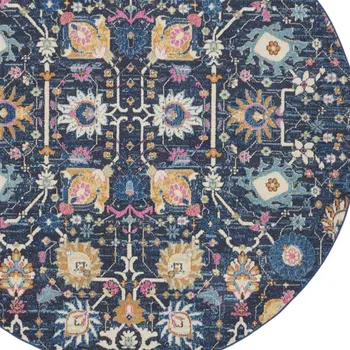 8' Navy Blue Round Floral Power Loom Area Rug