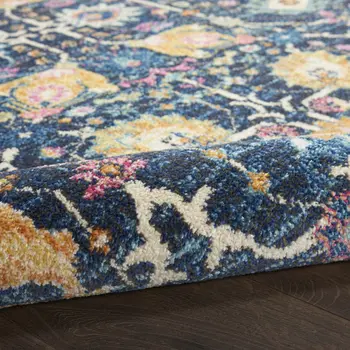 6' Navy Blue Floral Power Loom Runner Rug