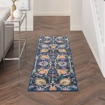 6' Navy Blue Floral Power Loom Runner Rug