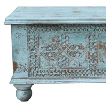 54" Aqua Carved And Distressed Solid Wood Lift Top Coffee Table