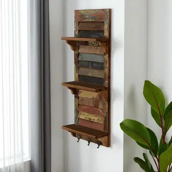 34" Brown And Multi Patina Reclaimed Wood Wall Mounted Shelf With Hooks