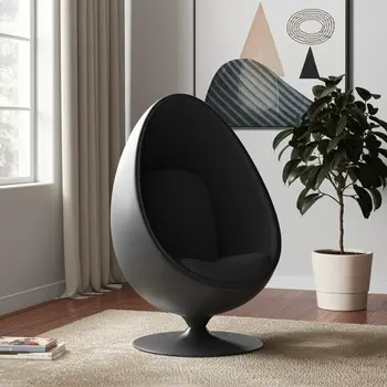 35" Black Fiberglass And Wool Swivel Egg Chair