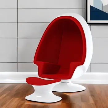 38" White And Red Fiberglass And Wool Swivel Egg Chair With Ottoman